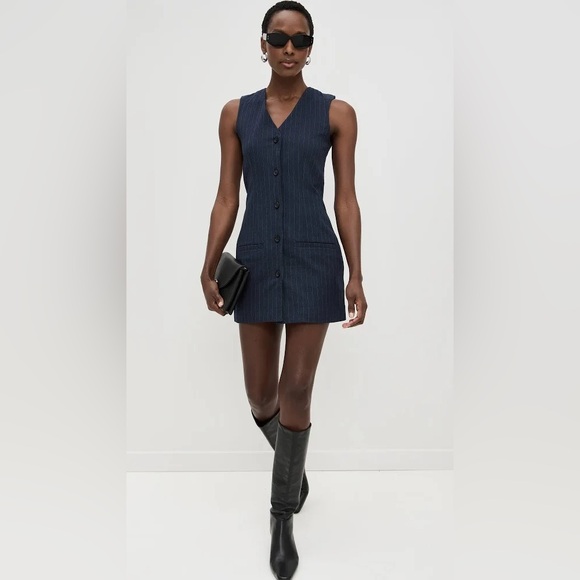 DL1961 Blue V Neck Button Down Pinstripe Sleeveless Vest Mini Dress (Small) - Picture 5 of 7